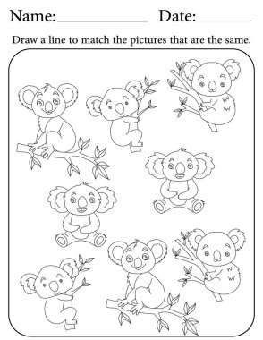 Koala Bulmacası. Çocuklar için Yazdırılabilir Faaliyet Çalışma Tablosu. Okul için Eğitim Kaynakları. Benzer Nesneleri Eşleştir