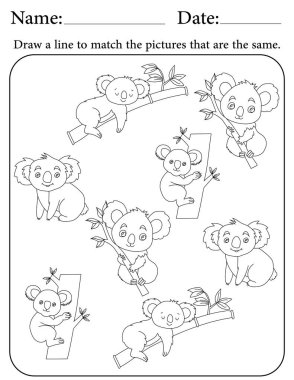 Koala Bulmacası. Çocuklar için Yazdırılabilir Faaliyet Çalışma Tablosu. Okul için Eğitim Kaynakları. Benzer Nesneleri Eşleştir