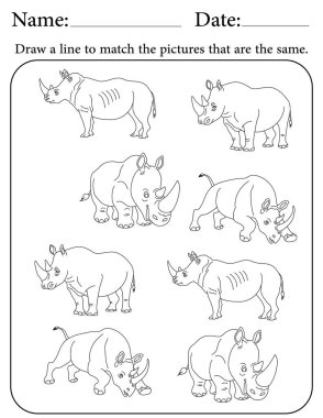 Gergedan Bilmecesi. Çocuklar için Yazdırılabilir Faaliyet Çalışma Tablosu. Okul için Eğitim Kaynakları. Benzer Nesneleri Eşleştir