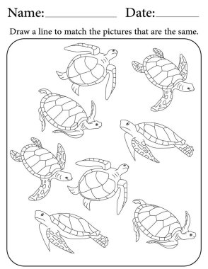 Deniz Kaplumbağası Bulmacası. Çocuklar için Yazdırılabilir Faaliyet Çalışma Tablosu. Okul için Eğitim Kaynakları. Benzer Nesneleri Eşleştir