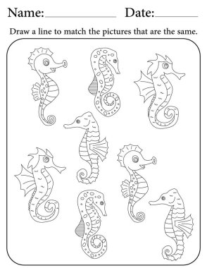 Deniz atı Bilmecesi. Çocuklar için Yazdırılabilir Faaliyet Çalışma Tablosu. Okul için Eğitim Kaynakları. Benzer Nesneleri Eşleştir