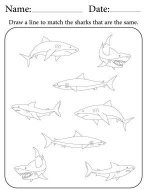 Köpekbalığı Bulmacası. Çocuklar için Yazdırılabilir Faaliyet Çalışma Tablosu. Okul için Eğitim Kaynakları. Benzer Nesneleri Eşleştir