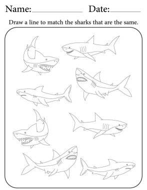 Köpekbalığı Bulmacası. Çocuklar için Yazdırılabilir Faaliyet Çalışma Tablosu. Okul için Eğitim Kaynakları. Benzer Nesneleri Eşleştir
