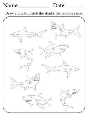 Köpekbalığı Bulmacası. Çocuklar için Yazdırılabilir Faaliyet Çalışma Tablosu. Okul için Eğitim Kaynakları. Benzer Nesneleri Eşleştir