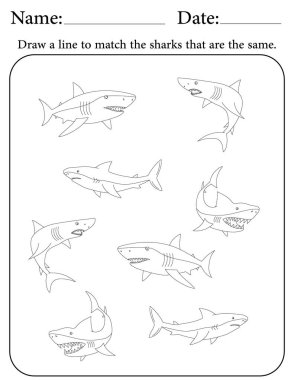 Köpekbalığı Bulmacası. Çocuklar için Yazdırılabilir Faaliyet Çalışma Tablosu. Okul için Eğitim Kaynakları. Benzer Nesneleri Eşleştir