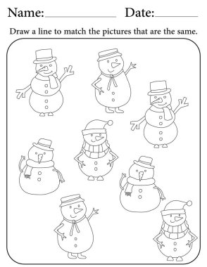 Kardan Adam Bulmacası. Çocuklar için Yazdırılabilir Faaliyet Çalışma Tablosu. Okul için Eğitim Kaynakları. Benzer Nesneleri Eşleştir