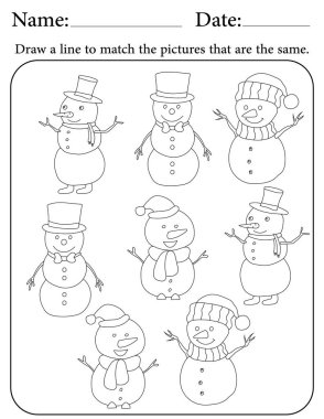 Kardan Adam Bulmacası. Çocuklar için Yazdırılabilir Faaliyet Çalışma Tablosu. Okul için Eğitim Kaynakları. Benzer Nesneleri Eşleştir