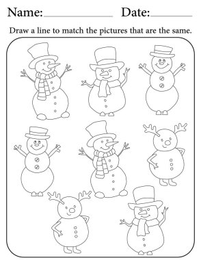 Kardan Adam Bulmacası. Çocuklar için Yazdırılabilir Faaliyet Çalışma Tablosu. Okul için Eğitim Kaynakları. Benzer Nesneleri Eşleştir