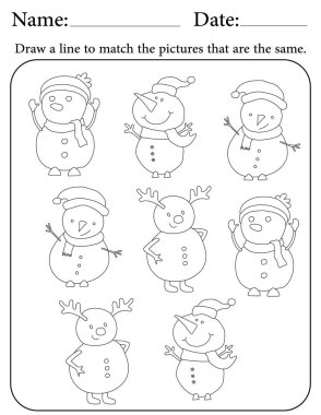 Kardan Adam Bulmacası. Çocuklar için Yazdırılabilir Faaliyet Çalışma Tablosu. Okul için Eğitim Kaynakları. Benzer Nesneleri Eşleştir