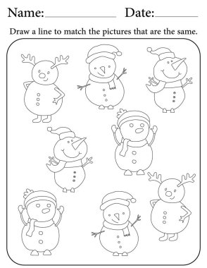 Kardan Adam Bulmacası. Çocuklar için Yazdırılabilir Faaliyet Çalışma Tablosu. Okul için Eğitim Kaynakları. Benzer Nesneleri Eşleştir