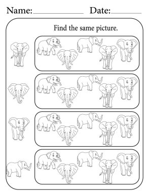 Fil Bilmecesi. Çocuklar için Yazdırılabilir Faaliyet Çalışma Tablosu. Okul için Eğitim Kaynakları. Aynı Nesneyi Bul.