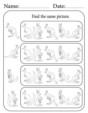 Kanguru Bulmacası. Çocuklar için Yazdırılabilir Faaliyet Çalışma Tablosu. Okul için Eğitim Kaynakları. Aynı Nesneyi Bul.