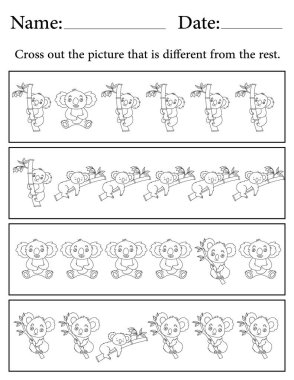 Koala Bulmacası. Yazdırılabilir Çocuk Faaliyet Çalışma Tablosu. Okul için Eğitim Kaynakları. Farklı Nesneyi Bul.