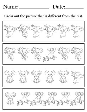 Koala Bulmacası. Yazdırılabilir Çocuk Faaliyet Çalışma Tablosu. Okul için Eğitim Kaynakları. Farklı Nesneyi Bul.