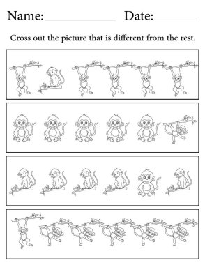 Maymun Bilmecesi. Yazdırılabilir Çocuk Faaliyet Çalışma Tablosu. Okul için Eğitim Kaynakları. Farklı Nesneyi Bul.