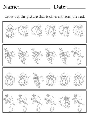 Maymun Bilmecesi. Yazdırılabilir Çocuk Faaliyet Çalışma Tablosu. Okul için Eğitim Kaynakları. Farklı Nesneyi Bul.