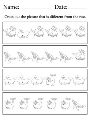 Balina Bulmacası. Yazdırılabilir Çocuk Faaliyet Çalışma Tablosu. Okul için Eğitim Kaynakları. Farklı Nesneyi Bul.