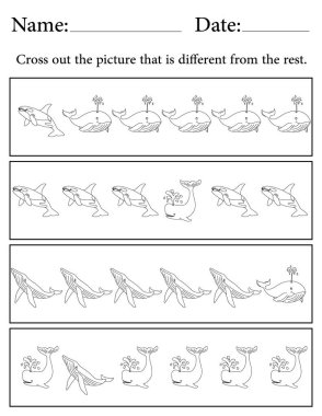 Balina Bulmacası. Yazdırılabilir Çocuk Faaliyet Çalışma Tablosu. Okul için Eğitim Kaynakları. Farklı Nesneyi Bul.