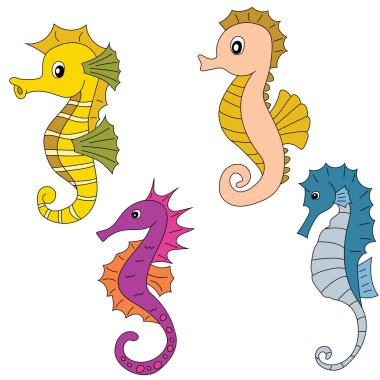 Deniz atı ve deniz hayvanlarının vektör kümesi.