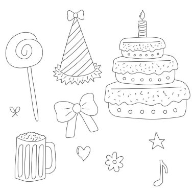 Doğum günü partisi ve tatlılar. karalama vektörü illüstrasyonu.