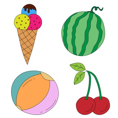 Farklı dondurma setleri ve farklı tatlılar. düz stil çizgi film illüstrasyonu.
