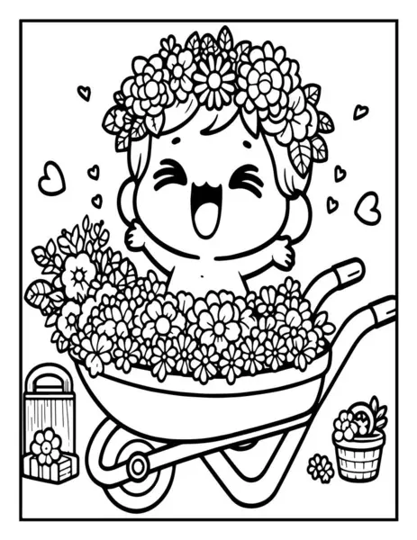 Bebek boyama sayfası: Bahçede oynayan bebek: Çiçek boyama sayfası