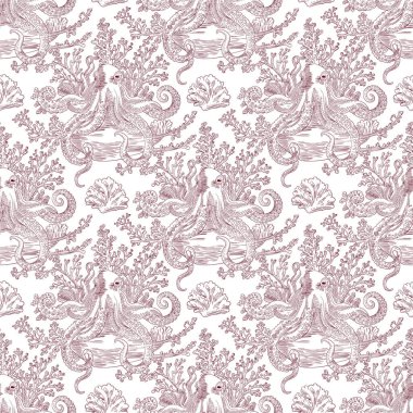 Elegant vintage seamless pattern featuring octopuses, corals, and marine elements. Perfect for textiles, packaging, wallpapers, and creative projects clipart