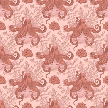 Ahtapotlar, mercanlar ve deniz elementlerinden oluşan zarif, dikişsiz bir desen. Tekstil, ambalaj, duvar kağıtları ve yaratıcı projeler için mükemmel.