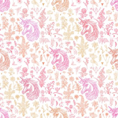 Ayrıntılı çiçeklerden ve tek boynuzlu atlardan oluşan kusursuz bir vektör deseni kumaşlar, duvar kağıtları, ambalajlar vs. için mükemmel. Doğadan esinlenilmiş ve zarif, herhangi bir tasarım projesi için ölçeklenebilirlik ve sofistike sunar.