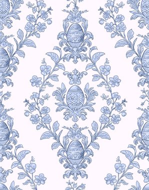 Paskalya yumurtaları, Rococo tarzı çiçek motifleriyle süslenmiş zarif, pürüzsüz bir desen. Kumaşlar, duvar kağıtları ve ambalajlar için mükemmel. Karmaşık dekoratif detaylar içeren sofistike bir bahar dokunuşu.