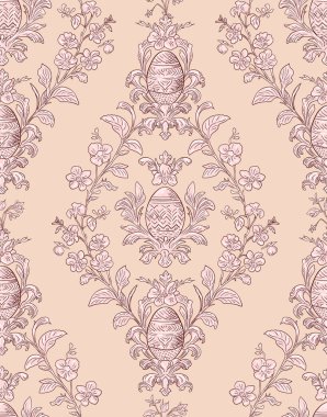Paskalya yumurtaları, Rococo tarzı çiçek motifleriyle süslenmiş zarif, pürüzsüz bir desen. Kumaşlar, duvar kağıtları ve ambalajlar için mükemmel. Karmaşık dekoratif detaylar içeren sofistike bir bahar dokunuşu.