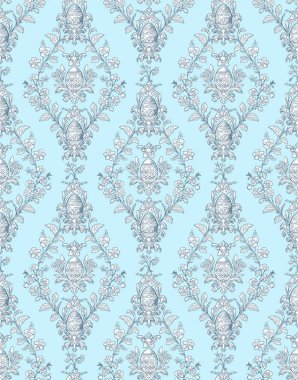 Paskalya yumurtaları, Rococo tarzı çiçek motifleriyle süslenmiş zarif, pürüzsüz bir desen. Kumaşlar, duvar kağıtları ve ambalajlar için mükemmel. Karmaşık dekoratif detaylar içeren sofistike bir bahar dokunuşu.