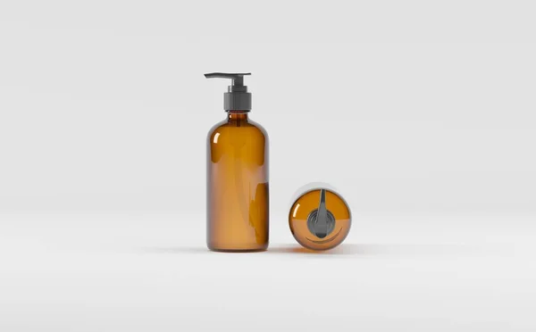Amber Glass Bottle Pump Dispenser Soap Shampoo Liquid Mockup Illustration — Stock Photo, Image