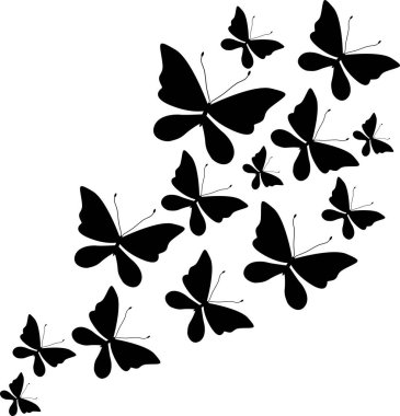 Beyaz arka planda siyah kelebek sürüsü. Vektör