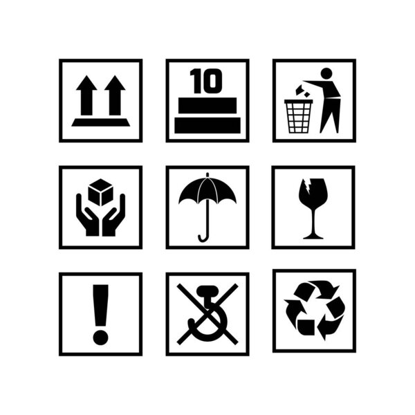 Icons for packaging set. Symbols for product packaging. Information icons for packaging. Vector illustration. stock image.