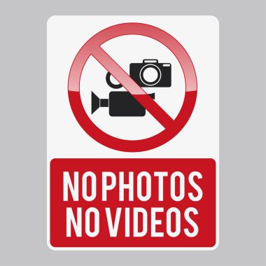 Fotoğraf makinesi ve video kayıt işareti yok, resim çekmek ve kayıt yapmak yasak, alan yerleri için yasaklama simgesi etiketi, beyaz arkaplanda izole edilmiş, düz tasarım vektör çizimi