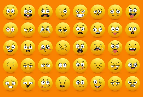 Büyük bir gülümseme ikonu seti. Çizgi film emoji seti. Vektör duygu simgesi ayarlandı