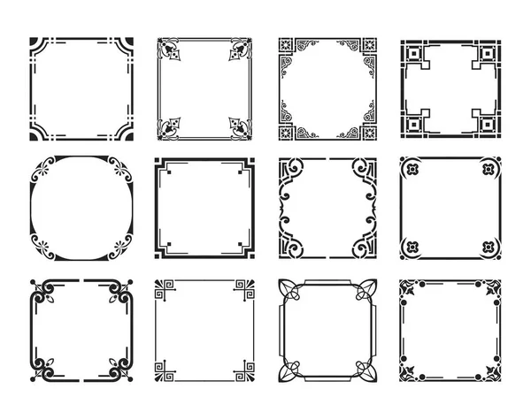 Art deco çiçekli köşeler ve sınır süsleri. Vektör köşeli çerçeveler ve klasik dekorasyon. Çiçek deseni ve süslemeleri, filigran çerçeveleri ve bölücülerle sınırlarını zenginleştir