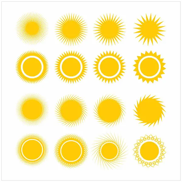 Güneş Simgesi Sarı Güneş, Işınlar ve Güneş Enerjisi ve Yaz Tasarımı için Günbatımı Sembolleri
