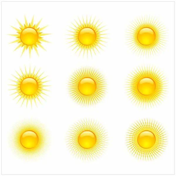 Güneş Simgesi Sarı Güneş, Işınlar ve Güneş Enerjisi ve Yaz Tasarımı için Günbatımı Sembolleri