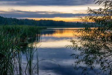 Sabah güzel göl, suda yansımalar, Letonya - retro, vintage