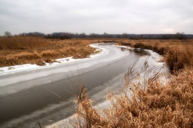 Ormanda kış. Donmuş nehirli kış manzarası.