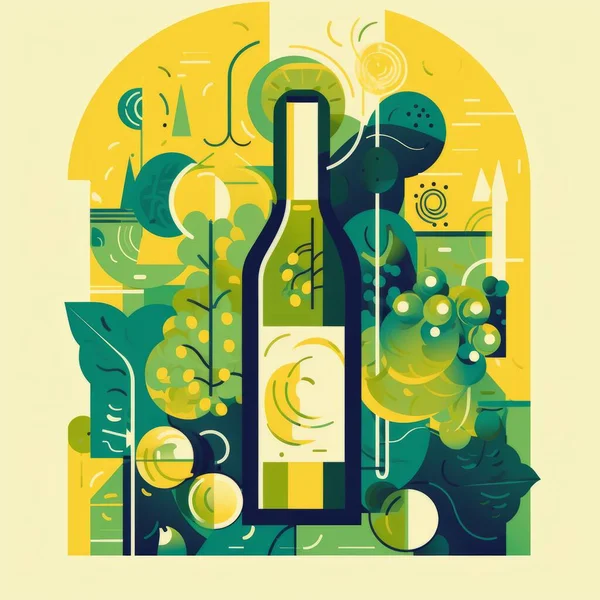 Ilustración Vectorial Botella Vidrio Verde Aceite Oliva Vino Sobre Fondo — Vector de stock