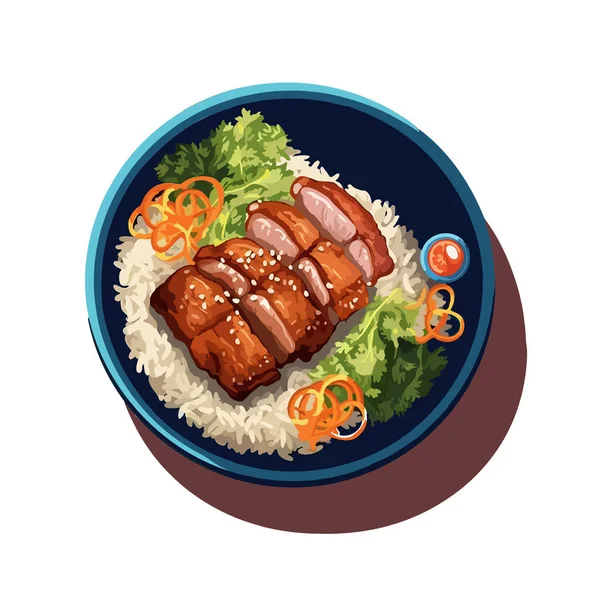 Vektorillustration Asiatisk Matskål Med Köttris Och Grönsaker — Stock vektor