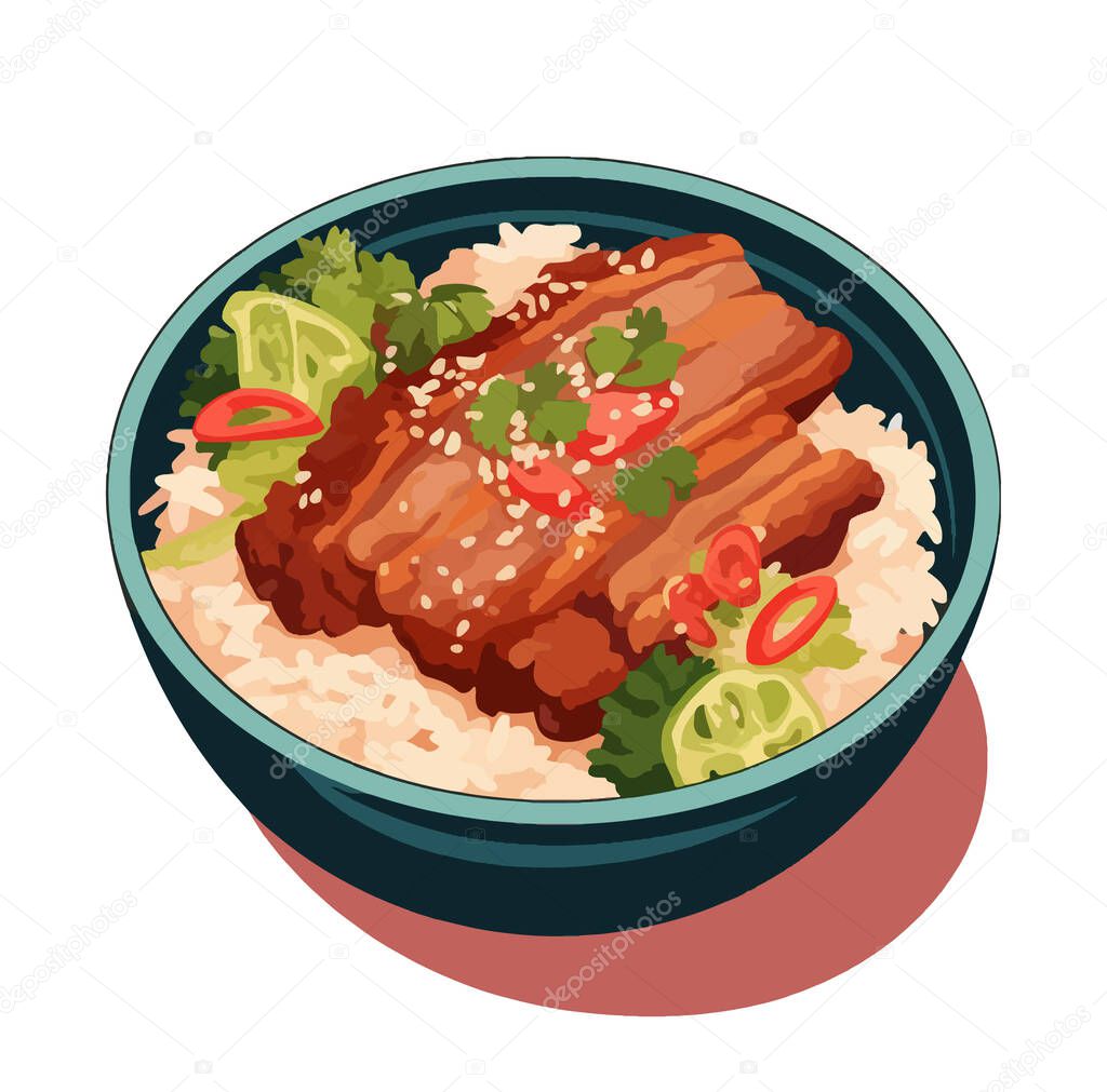 Vector illustration of asian food bowl with meat rice and vegetables