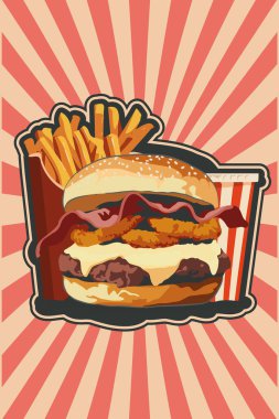 Canlı bir vektör illüstrasyonunda ağız sulandıran bir hamburger, yanında da altın patates kızartması ve ferahlatıcı bir içecek gösteriliyor. Bu hamburger sulu sığır eti, gevrek soğan halkaları, erimiş çedar peyniri ve çıtır pastırmayla dolu. Seni terfi ettirmek için mükemmel.