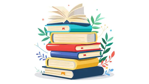 Çiçeklerle süslenmiş renkli kitapların vektör çizimi. Bu resim, kitap günü konseptini, birlikte okumayı, yaratıcı hayal gücünü ve fantastik edebiyatı temsil ediyor. Vektör biçimindeki düz tasarımın arka planı yoktur, bu yüzden i