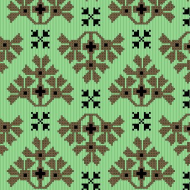 Soyut dijital el yapımı, yeşil arkaplan ve siyah-kahverengi doku tasarımlı etnik tekstil deseni.