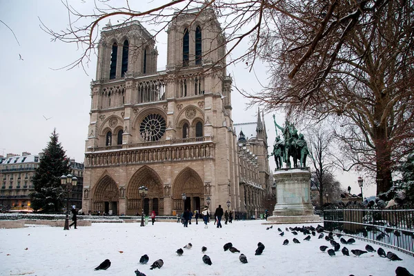 Paris 'te Notre Dame' ın önündeki meydanda kar yağıyor.