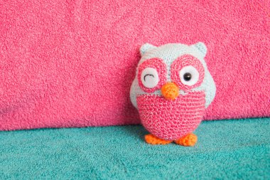 Pembe ve mavi göz kırpan örgü baykuşu